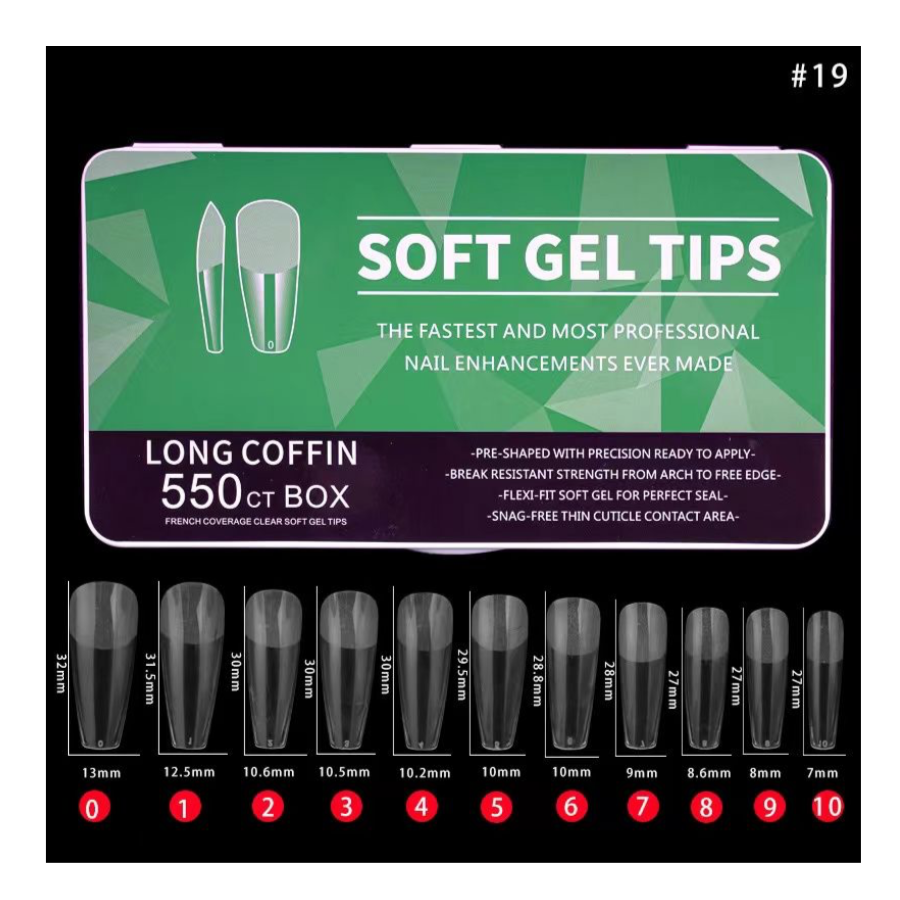 #19 - LONG COFFIN SOFT GEL NAIL TIPS - 550 PCS - CLEAR