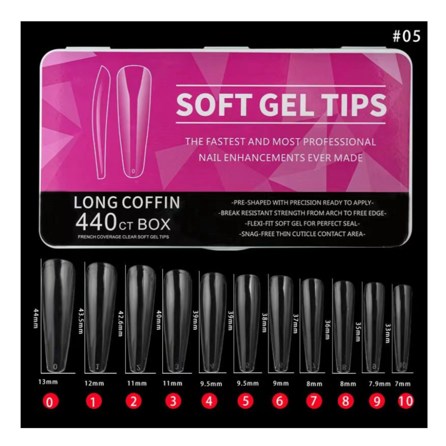 #5 - LONG COFFIN SOFT GEL NAIL TIPS - 440 PCS - CLEAR