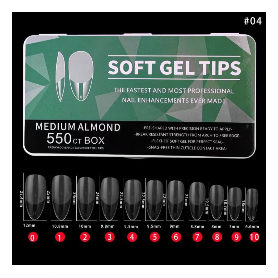 #4 - MEDIUM ALMOND SOFT GEL NAIL TIPS - 550 PCS - CLEAR