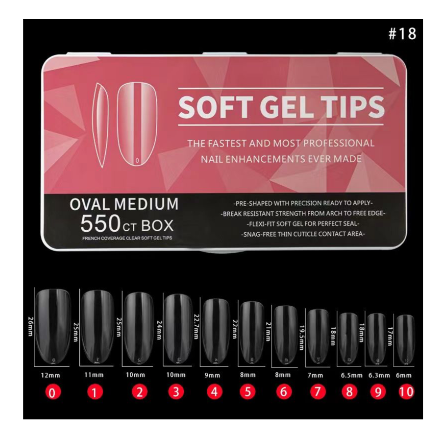 #18 - OVAL MEDIUM SOFT GEL NAIL TIPS - 550 PCS - CLEAR