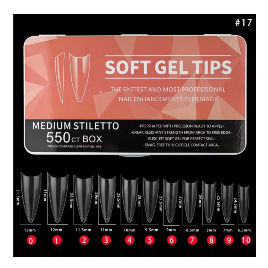 #17 - MEDIUM STILETTO SOFT GEL NAIL TIPS - 550 PCS - CLEAR