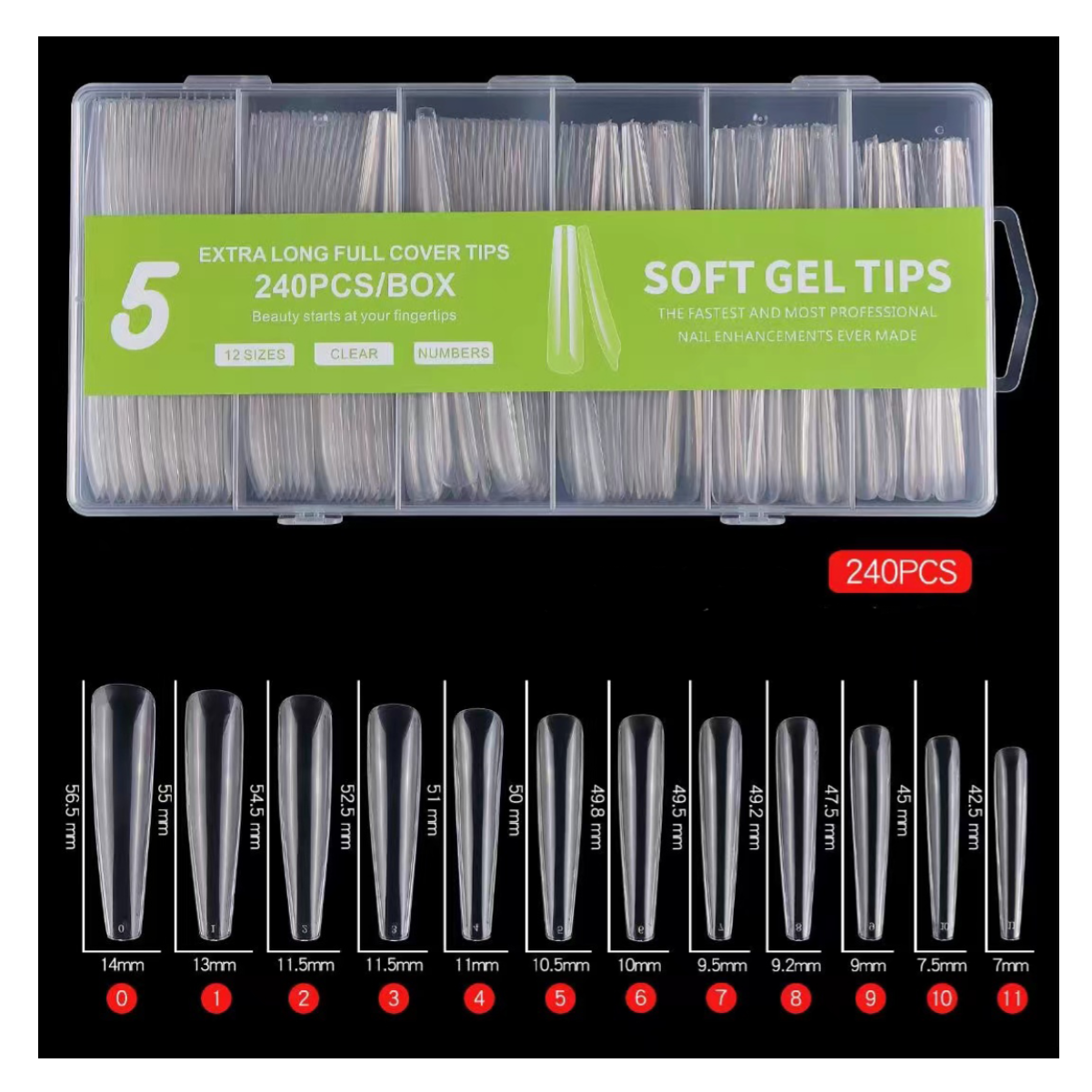 X LONG FULL COVER COFFIN SOFT GEL NAIL TIPS - 240 PCS - CLEAR