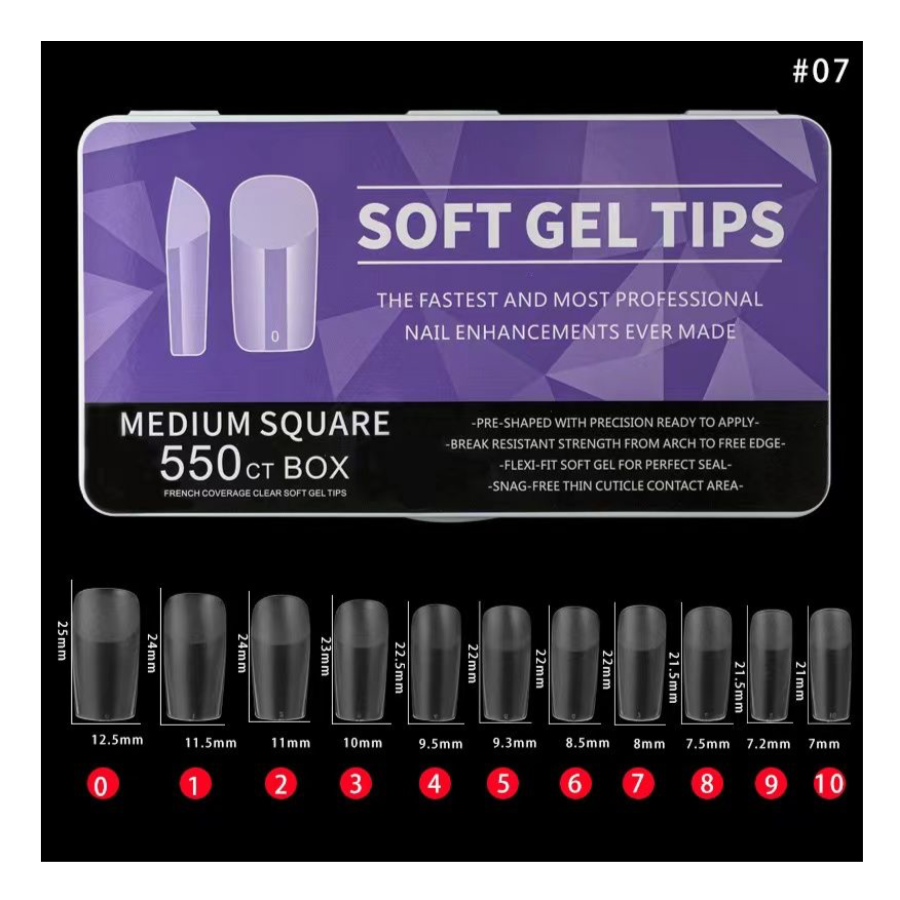 #7 - MEDIUM SQUARE SOFT GEL NAIL TIPS - 550 PCS - CLEAR