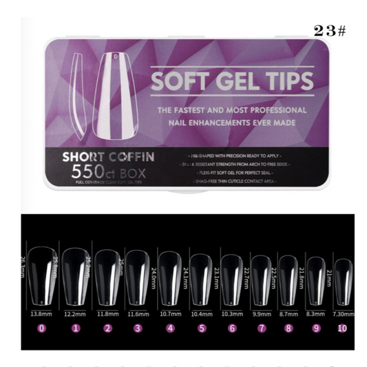 #23 - SHORT COFFIN SOFT GEL NAIL TIPS - 550 PCS - CLEAR