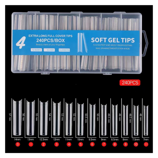 X LONG HALF COVER SQUARE SOFT GEL NAIL TIPS - 240 PCS - CLEAR