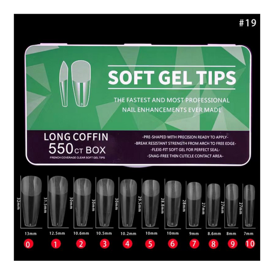 #19 - LONG COFFIN SOFT GEL NAIL TIPS - 550 PCS - CLEAR