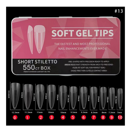 # 13 - SHORT STILETTO SOFT GEL NAIL TIPS - 550 PCS - CLEAR