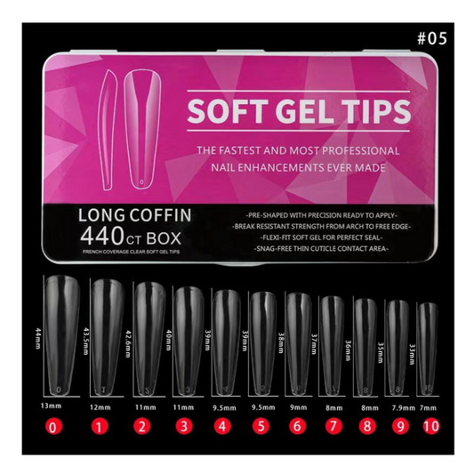 #5 - LONG COFFIN SOFT GEL NAIL TIPS - 440 PCS - CLEAR