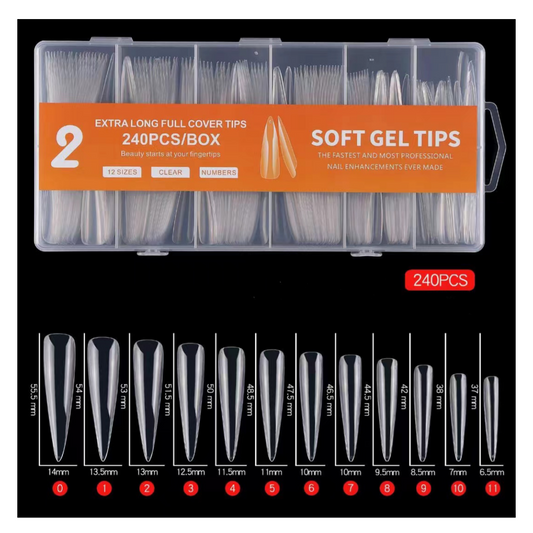 X LONG FULL COVER STILETTO SOFT GEL NAIL TIPS - 240 PCS - CLEAR