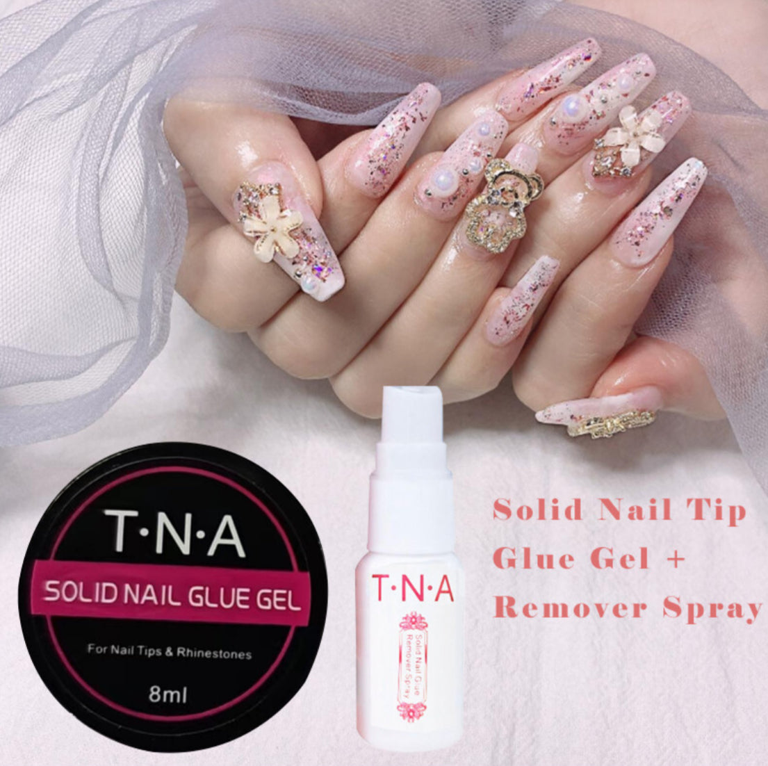 Solid Nail Tip Glue Gel + Remover Spray for press on Nails