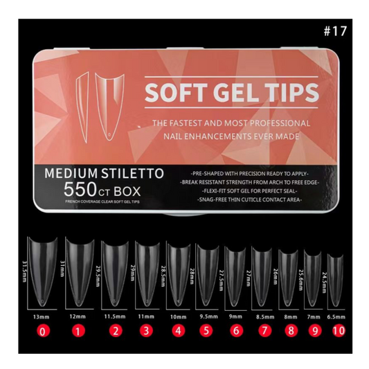 #17 - MEDIUM STILETTO SOFT GEL NAIL TIPS - 550 PCS - CLEAR