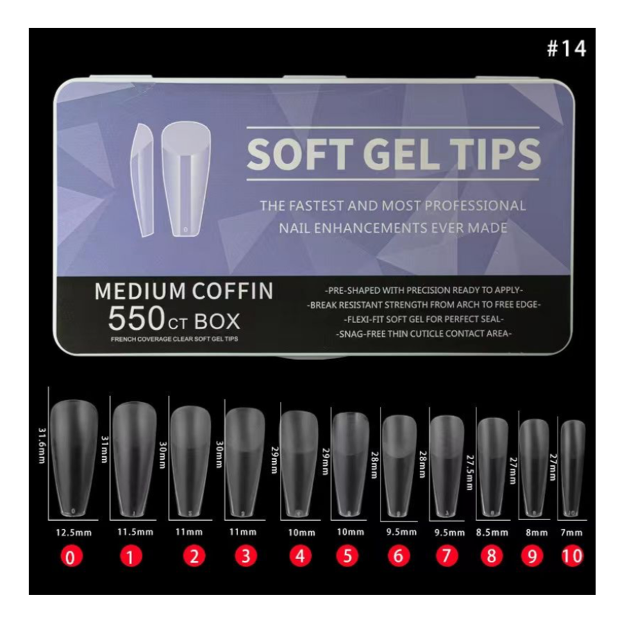 #14 - MEDIUM COFFIN SOFT GEL NAIL TIPS - 550 PCS - CLEAR