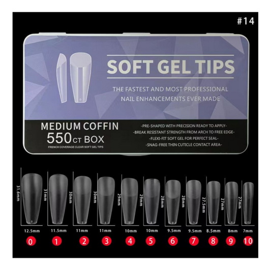 #14 - MEDIUM COFFIN SOFT GEL NAIL TIPS - 550 PCS - CLEAR