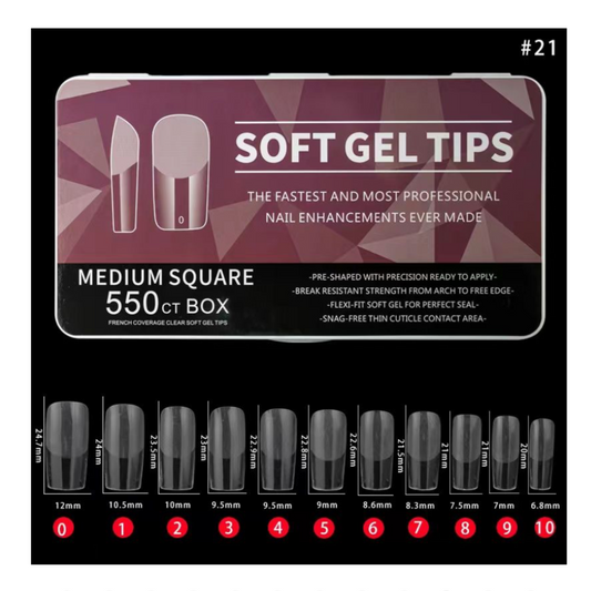 #21 - MEDIUM SQUARE SOFT GEL NAIL TIPS - 550 PCS - CLEAR