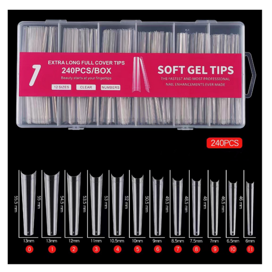 X LONG HALF COFFIN SOFT GEL NAIL TIPS - 240 PCS - CLEAR