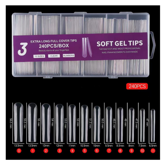 X LONG FULL COVER SQUARE SOFT GEL NAIL TIPS - 240 PCS - CLEAR