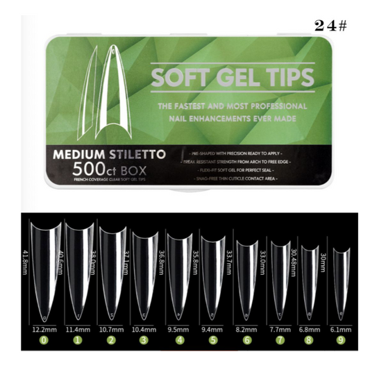 #24 - MEDIUM STILETTO SOFT GEL NAIL TIPS - 500 PCS - CLEAR