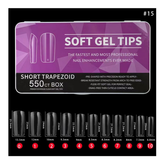 #16 - SHORT TRAPEZOID SOFT GEL NAIL TIPS - 550 PCS - CLEAR