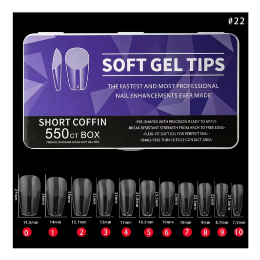 #22 - SHORT COFFIN SOFT GEL NAIL TIPS - 550 PCS - CLEAR