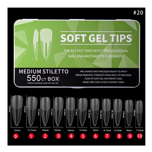 #20 - MEDIUM STILETTO SOFT GEL NAIL TIPS - 550 PCS - CLEAR