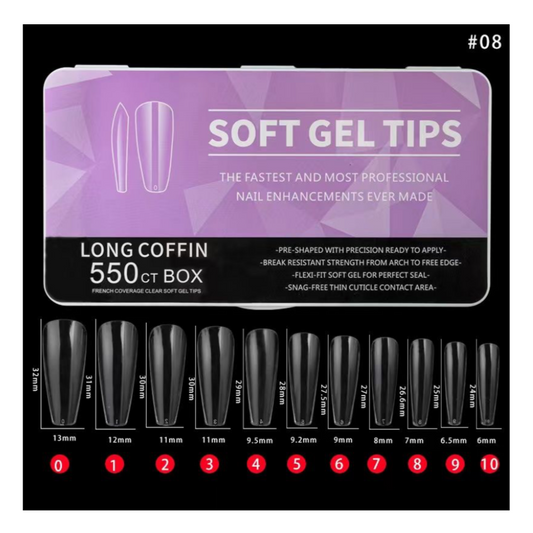 #8 - LONG COFFIN SOFT GEL NAIL TIPS - 550 PCS - CLEAR