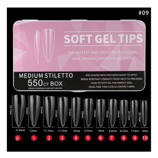 #9 - MEDIUM STILETTO SOFT GEL NAIL TIPS- 550 PCS - CLEAR