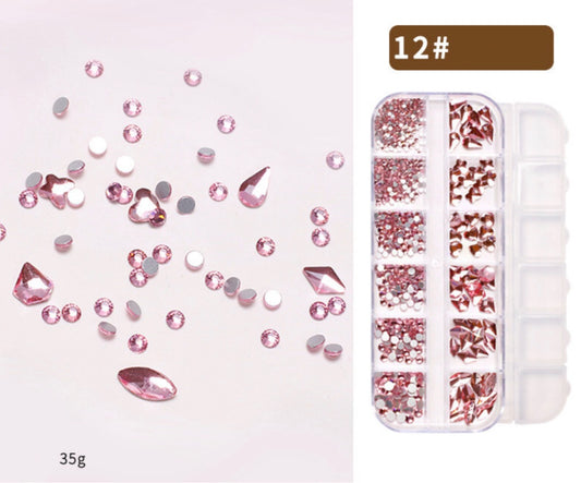 12 Grids Pink Rhinestone / flat bottom / mixed shapes