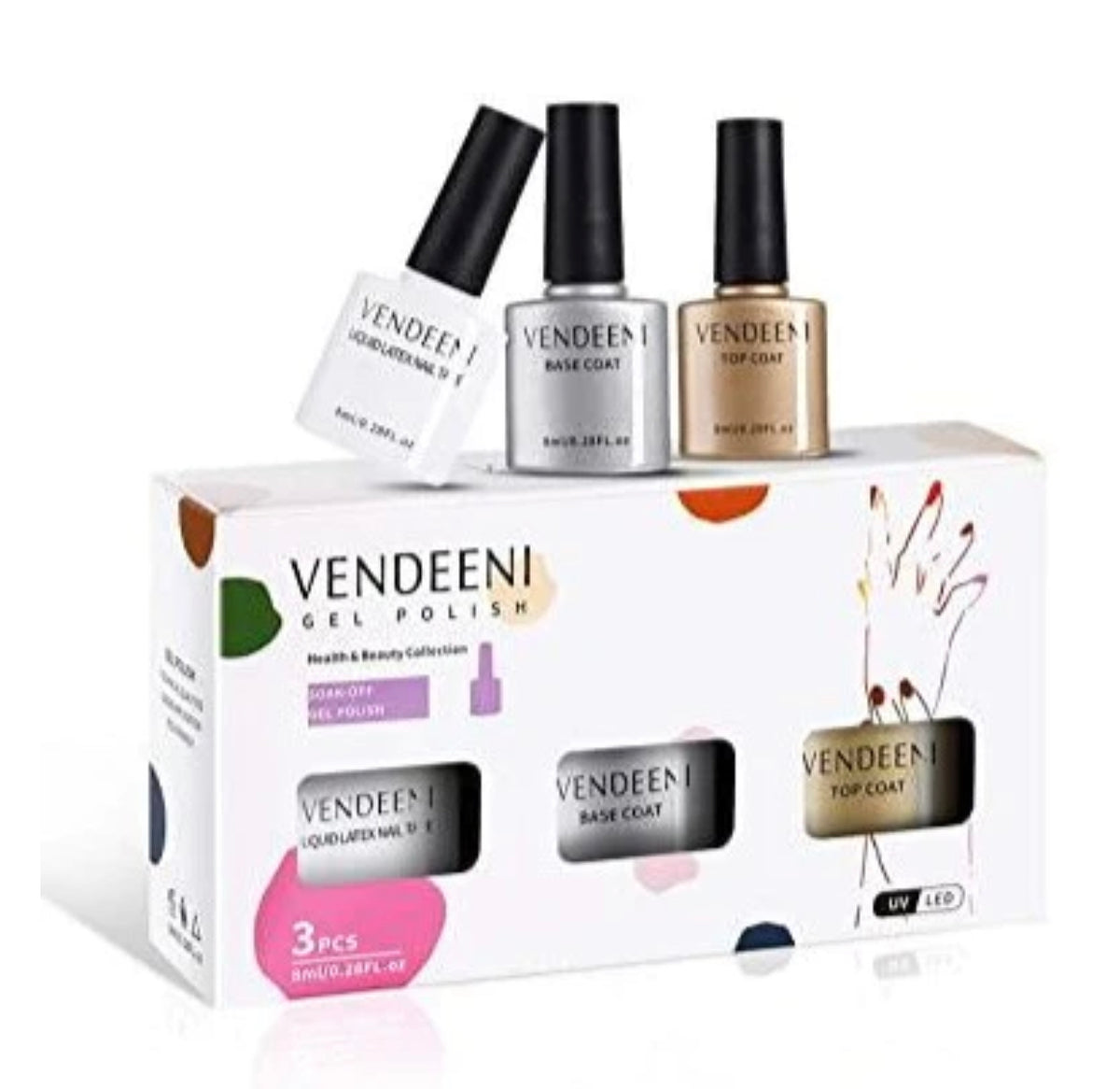 VENDEENI 3pcs/ Set 7.5ml Gel Polish Set 9 (Base coat, Top coat, Latex)